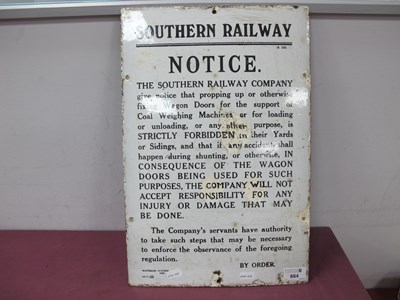 Lot 664 - 1920's Southern Railway Enamel Sign Concerning...