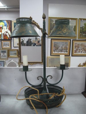 Lot 1454 - Green Painted Toleware, two branch table lamp...