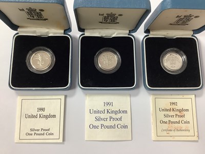 Lot 509 - Three Royal Mint Silver Proof £1 Coins, 1990,...