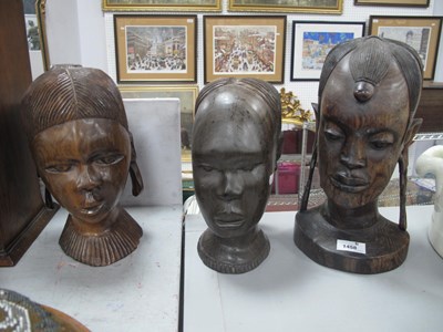 Lot 1458 - Carved wooden African busts of female form,...