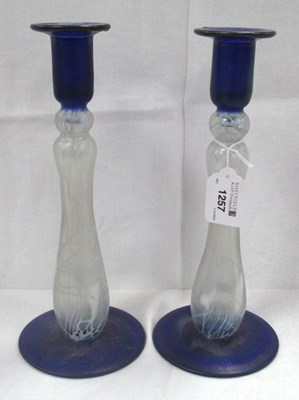 Lot 1257 - Pair of Blue Lustre Glass Candlesticks, each...