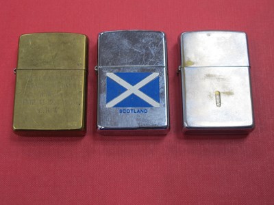 Lot 1301 - Zippo Lighters, Scotland, brass and plated (3)...