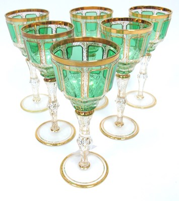 Lot 1035 - A Set of Six Bohemian Green Glass Wine Goblets,...