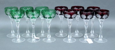 Lot 1023 - A Set of Six Cut Glass Hock Glasses, the dark...