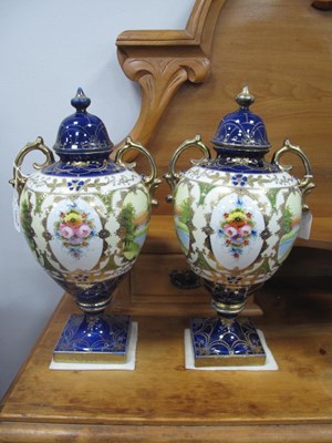 Lot 1352 - Pair of Kinjo Japanese Pottery Lidded Urns,...