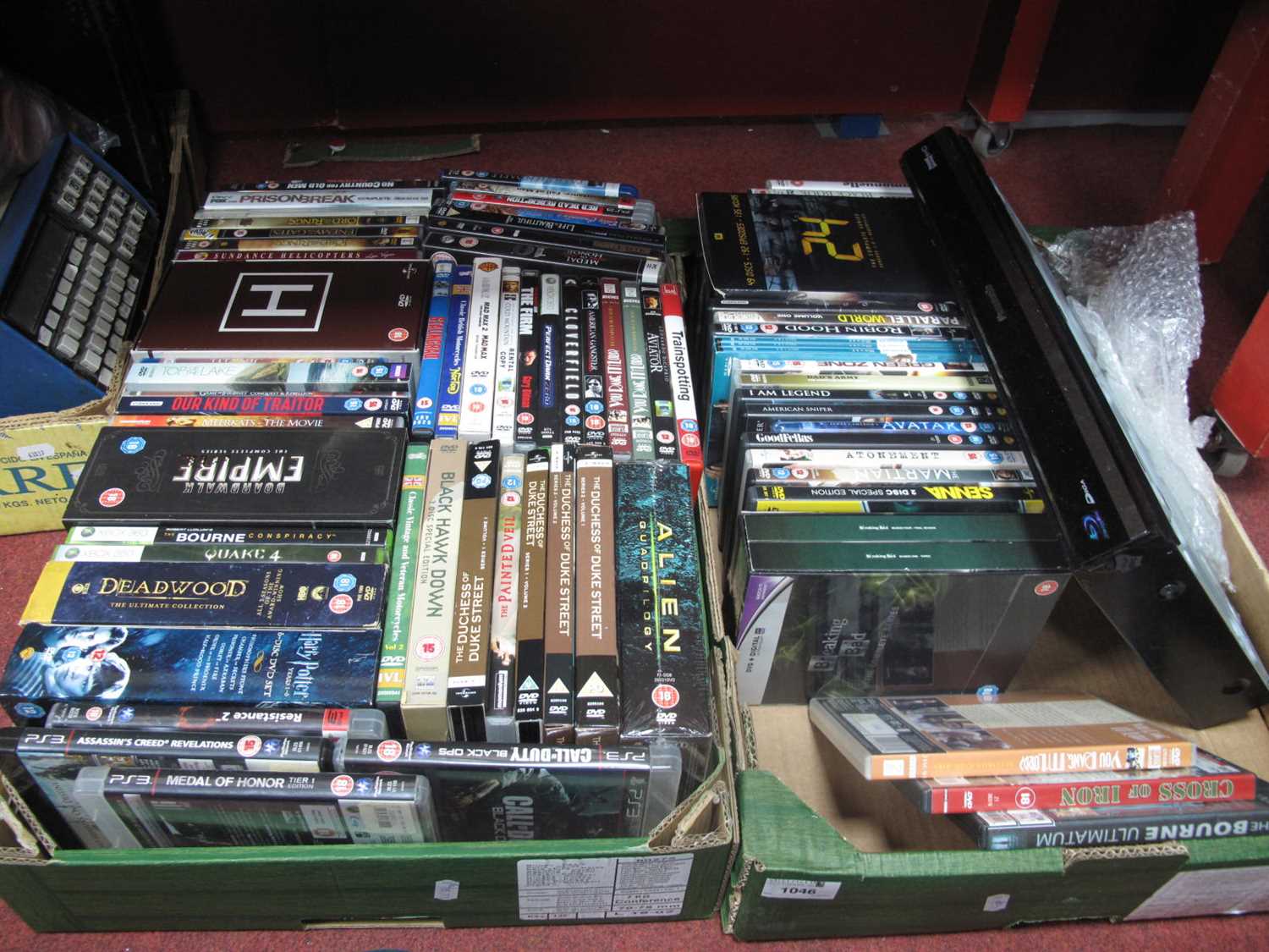 Lot 1046 - DVD's, Blue Ray Disc Player, etc:- Two Boxes