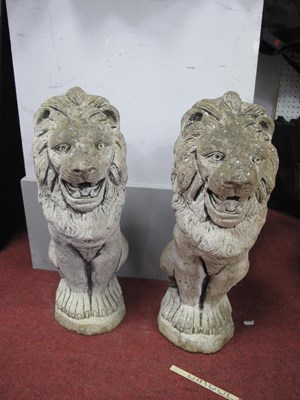 Lot 1559 - A Pair of Reconstituted Stone Lions, 47cm high.