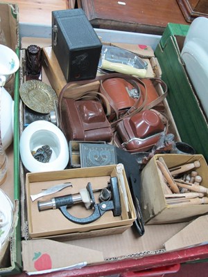 Lot 1070 - Camera's, boxed student's microscope, iron...