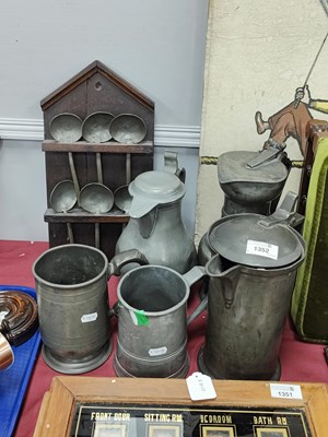 Lot 1352 - Six Continental Pewter Spoons in Oak Rack,...