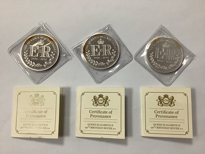 Lot 377 - Three One Ounce Fine Silver Elizabeth II 90th...