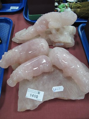 Lot 1410 - Pink Quartz? Three Hippo figure group,...