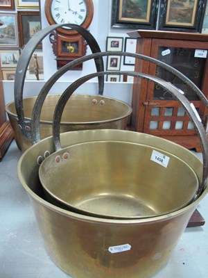 Lot 1458 - XIX Century Brass Jam Pans with Iron Loop...