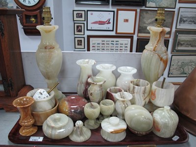 Lot 1461 - Onyx Table Lamps, vases, goblets, egg, etc:-...