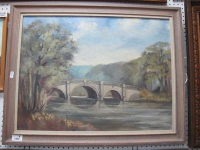 Lot 1502 - N. Evans, Bakewell Bridge, oil on canvas,...