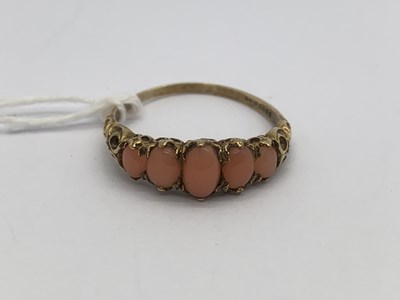 Lot 86 - A 9ct Gold Vintage Five Stone Coral Cabochon...