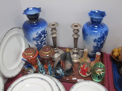 Lot 1228 - Blue & White Pottery Vase, plated candlesticks,...