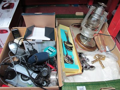 Lot 1048 - Binoculars, alarm clock, storm lamp, cutlery,...