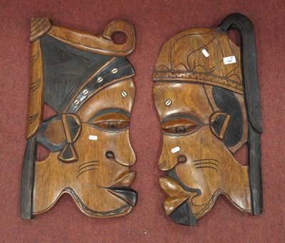 Lot 1397 - Pair of Carved African Female Wall Maks. with...