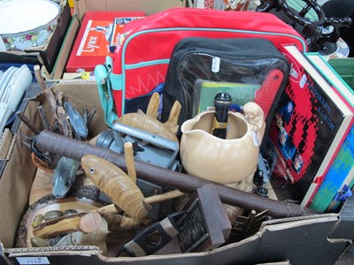 Lot 1112 - A railway signal lamp, four wooden fish...