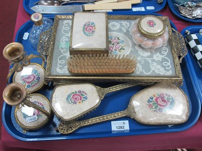 Lot 1282 - Dressing table set with lace detail comprising...