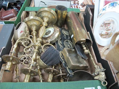 Lot 1118 - Pair of large brass three branch candlesticks,...