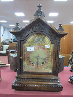 Lot 1457 - Late XIX century Oak Cased Mantel Clock, a...