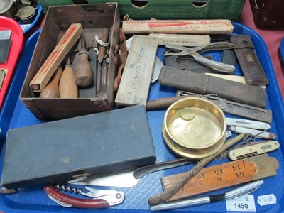 Lot 1450 - Pen Knives, cut-throat razor, magnifying...