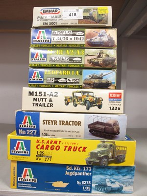 Lot 418 - Eight Plastic Model Military Armoured Vehicles,...