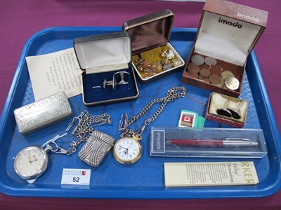 Lot 52 - Cufflinks, coins, Parker pen, vesta case,...