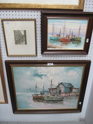 Lot 1527 - W. Jones, Fishing Trawlers Moored, two oil on...