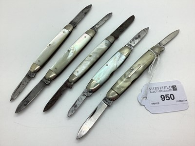 Lot 950 - Five Two Blade Folding Pocket Knives, mother...