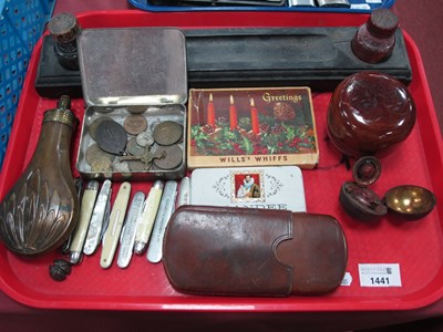 Lot 1441 - Powder Flask, coins including Victorian silver...