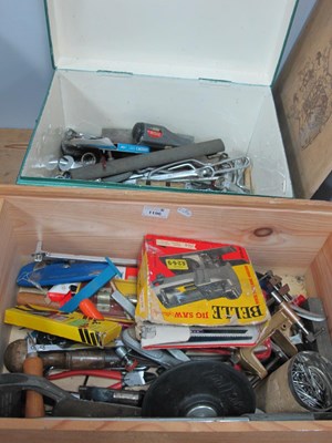 Lot 1196 - Horncastle Tin Trunk Containing Tools, jigsaw,...