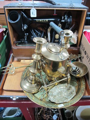 Lot 1067 - Brass Spirit Kettle, pair candlesticks, bell,...