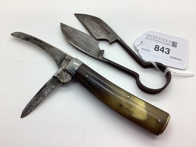 Lot 843 - Flat Bottom Two Blade Folding Knife, horn...