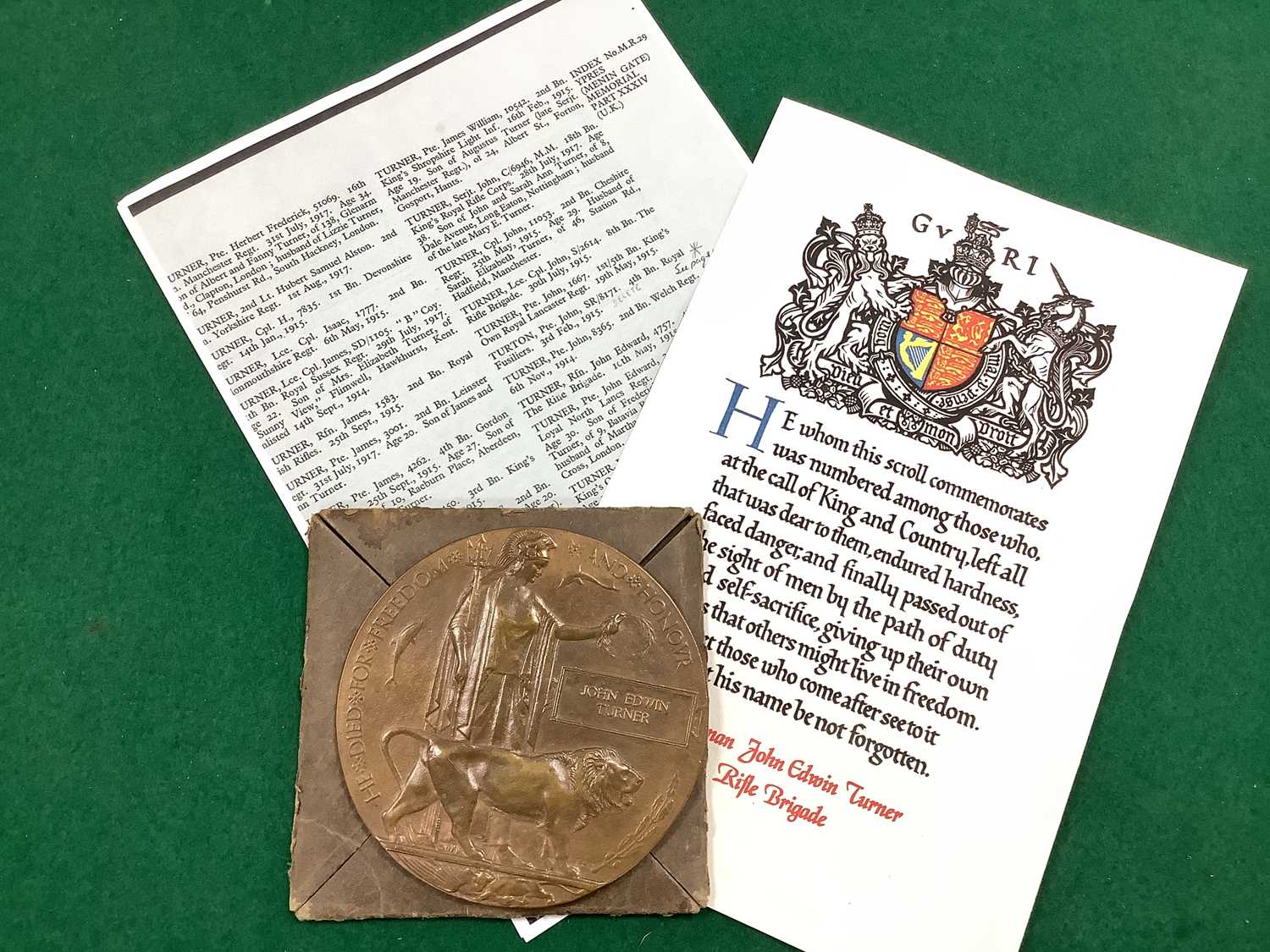 Lot 535 - WWI Rifle Brigade Memorial Plaque Death