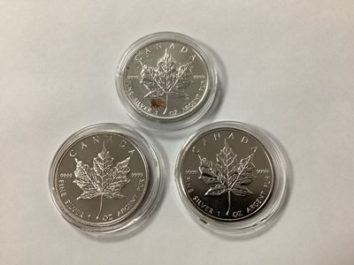 Lot 464 - Three 1oz Fine Silver Canada Maple Leaf $5...