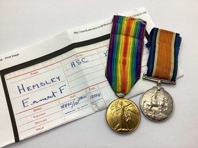 Lot 594 - WWI British Medal Duo Army Service Corps,...