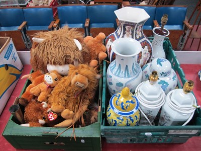 Lot 1070 - Table Lamps, vases, soft toys, brassware:- Two...