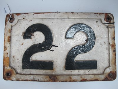 Lot 1383 - Railway Cast Iron Sign '22', black numerals on...