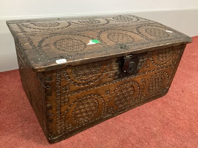 Lot 1510 - A XVII Century Carved Oak Box, with hinged lid...