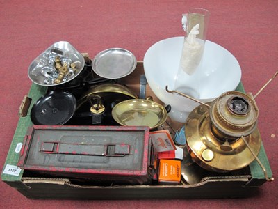 Lot 1107 - Scales & Weights, oil lamp, ammo box, etc:-...