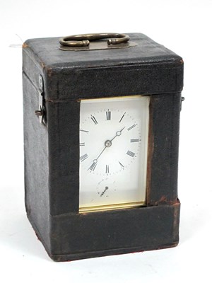 Lot 1405 - A Brass Cased Carriage Clock, the white enamel...