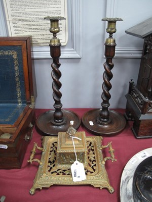 Lot 1390 - Pair of Barley Twist Oak Candlesticks, with...