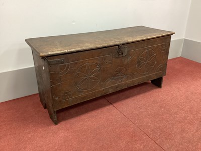 Lot 1505 - A XVII Century Oak Plank Coffer, the front...