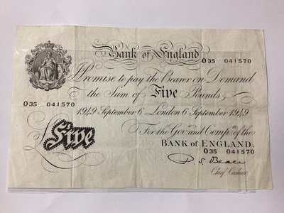 Lot 513 - 1949 Bank Of England White £5 Banknote, Chief...