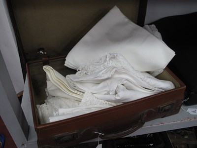 Lot 1483 - Leather Suitcase, white linens to include...