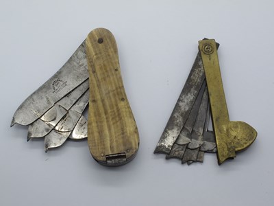 Lot 94 - Butler and Co fleam, three blades and tweezers,...