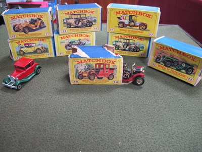 Lot 594 - Nine Matchbox diecast model cars, mostly boxed...