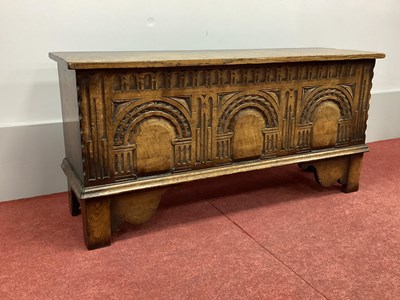 Lot 1503 - A XVII Century Style Oak Coffer, the frieze...